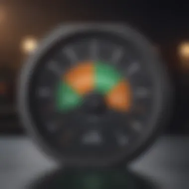 A digital representation of a credit score gauge indicating a high score.