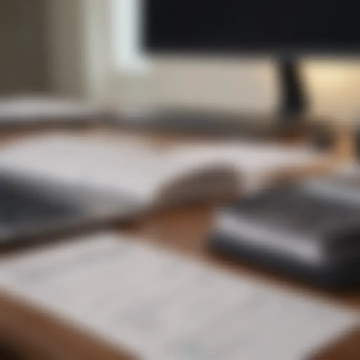 A desk filled with financial documents and a laptop, symbolizing business finance.