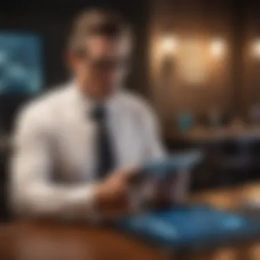 A businessman analyzing graphs and data on a tablet, contemplating financial strategies.