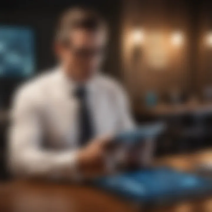 A businessman analyzing graphs and data on a tablet, contemplating financial strategies.