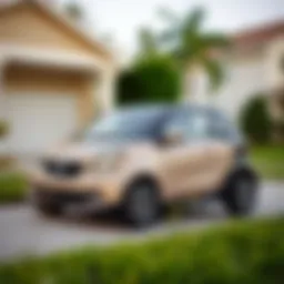 A compact used car parked outside a suburban home