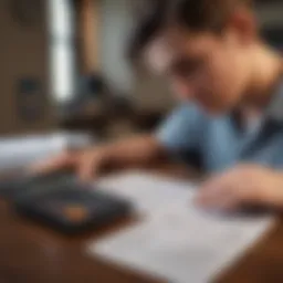 A student examining loan documents with a calculator