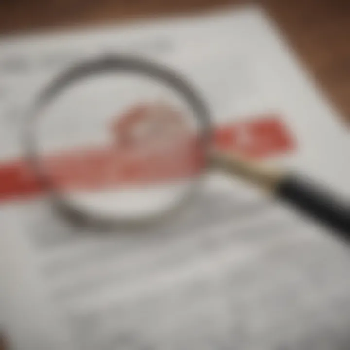 A close-up of a contract being reviewed with a magnifying glass