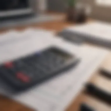 A calculator and financial documents laid out on a desk