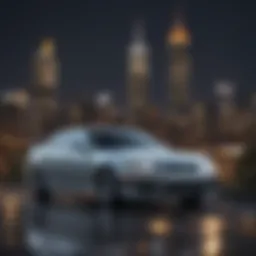 An elegant car parked against a city skyline