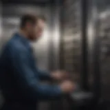 An elevator technician inspecting machinery components