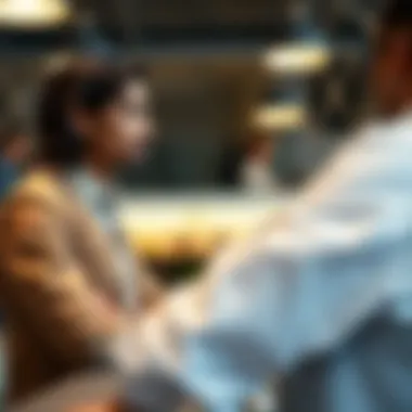Communicating with Lenders A confident individual discussing with a bank representative