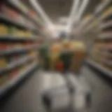 Shopping cart filled with groceries at a supermarket