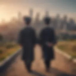 Graduates holding diplomas in front of a skyline