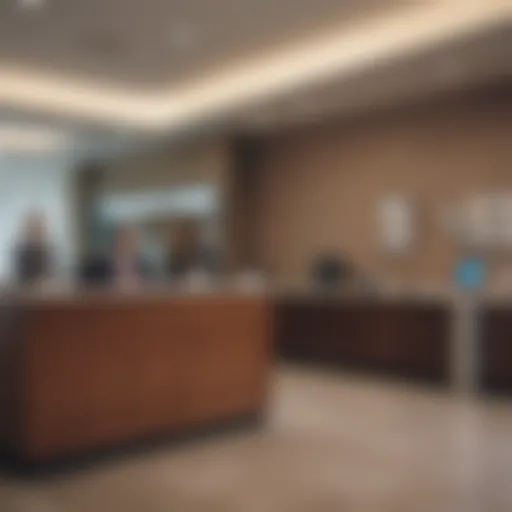 A serene bank interior showcasing a teller assisting a customer with financial transactions.