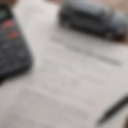 Close-up view of a car lease agreement with a calculator and financial documents.