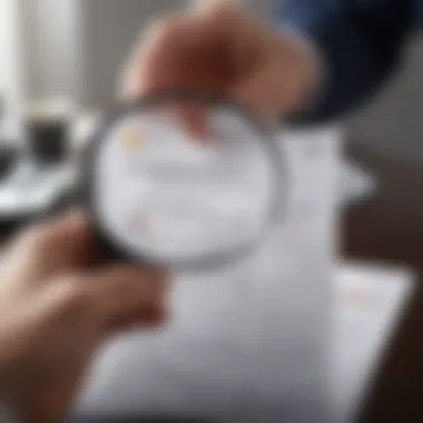 A person analyzing their credit report with a magnifying glass