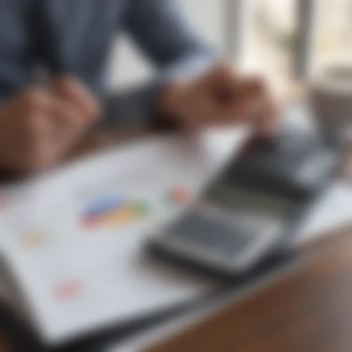 An illustration of a person analyzing their credit score chart with a calculator.