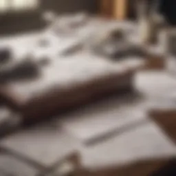 A disorganized desk with scattered papers representing lost documents.