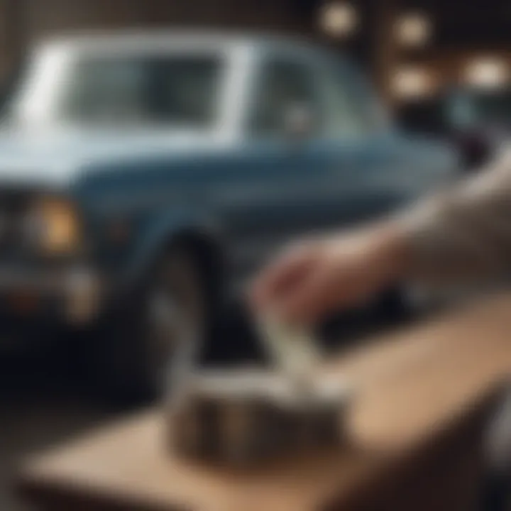 A satisfied customer receiving cash for an old car, representing financial gain from trade-in.