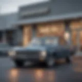 A sleek old car parked in front of a dealership, showcasing options for trade-in.