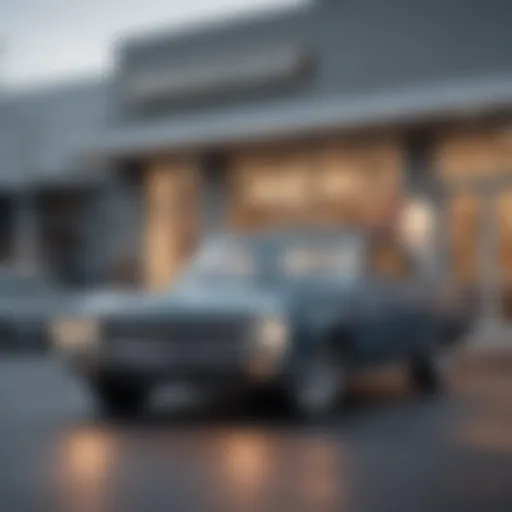 A sleek old car parked in front of a dealership, showcasing options for trade-in.
