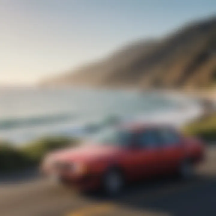 Scenic view of California coastline with a parked used car