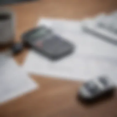 A calculator and budget sheet on a desk with a car key and a coffee cup.