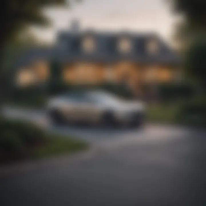 A serene landscape featuring a new car parked in a driveway, symbolizing ownership.