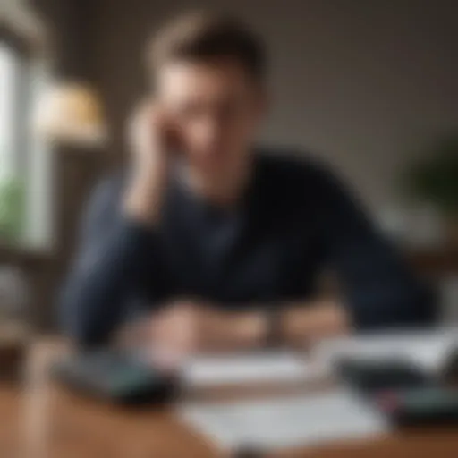 A person contemplating financial options with bills and a calculator