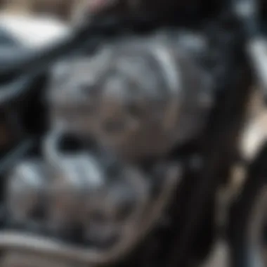 A detailed close-up of a motorcycle's engine and components.