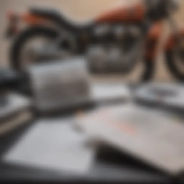 A calculator and financing documents placed beside a motorcycle brochure.