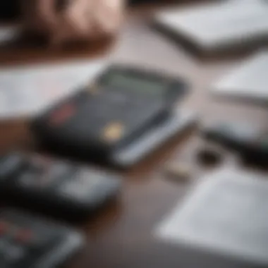 A thoughtful individual analyzing financial documents with a calculator and credit card options beside them.