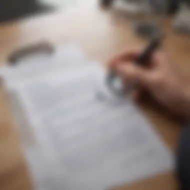 A person reviewing a rental agreement with a magnifying glass.