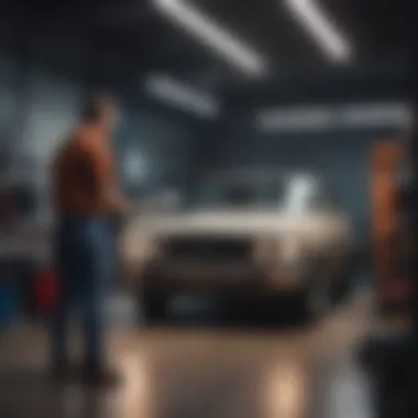 A mechanic inspecting a used car in a garage setting