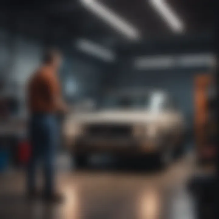 A mechanic inspecting a used car in a garage setting