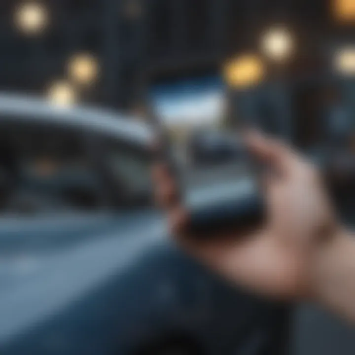 Hand holding a smartphone with a rental car booking app on screen