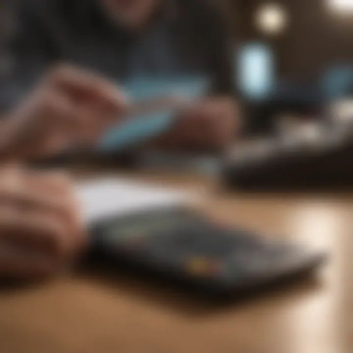 An individual reviewing their financial documents with a calculator and notepad.