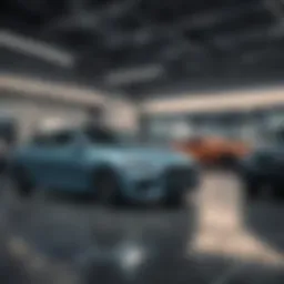 A sleek car dealership showcasing a variety of vehicles