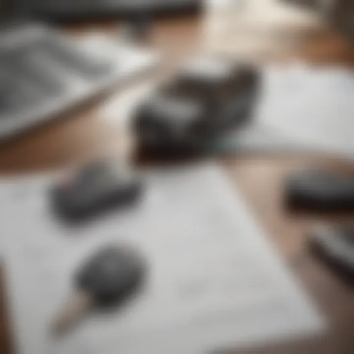 A calculator, financial documents, and a car key on a desk, symbolizing financial planning.