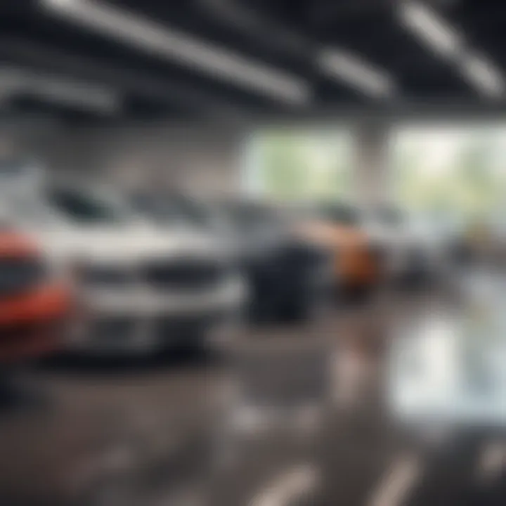 An individual contemplating vehicle options, surrounded by various car models in a dealership.