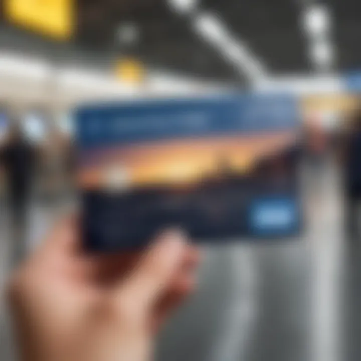 Traveler holding a United Miles Visa card at an airport