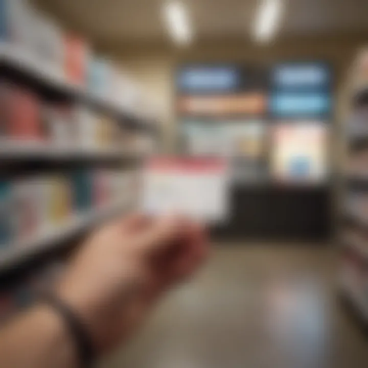 A small business owner reviewing different card options at a CVS location.