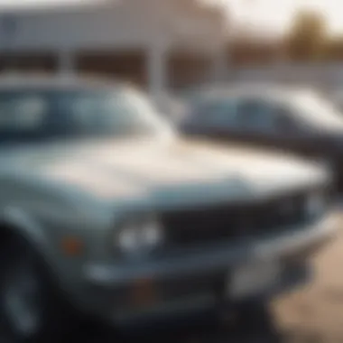 A detailed view of a salvage title car in a dealership lot