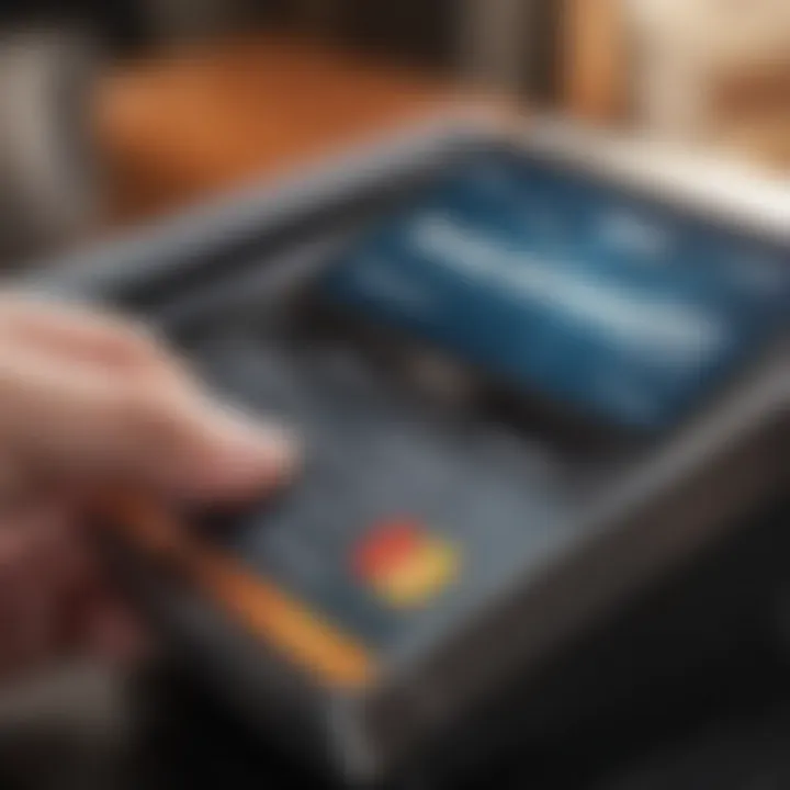 A close-up view of a Discover card being presented at a point-of-sale terminal.