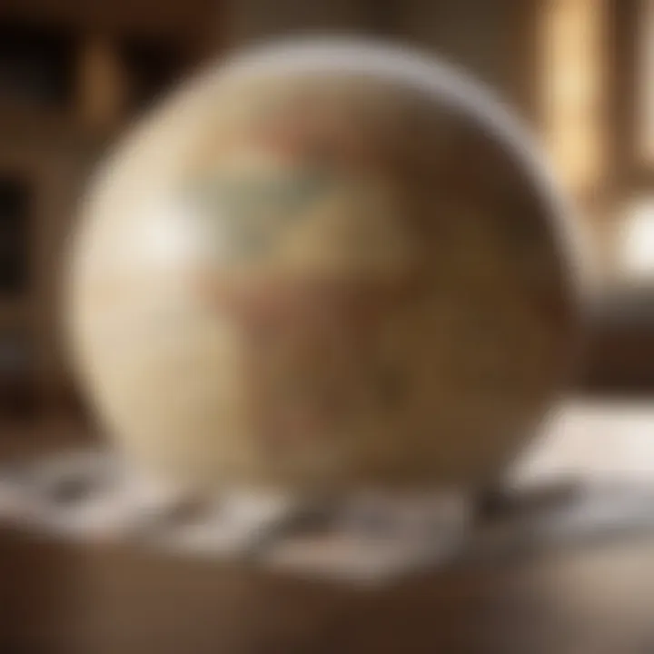 A globe with various passport stamps.