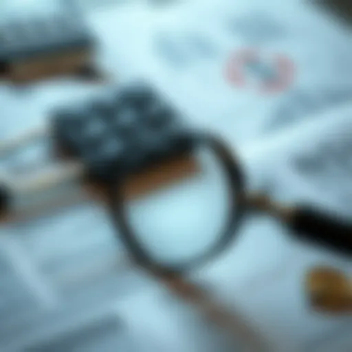 Close-up of a magnifying glass over financial documents