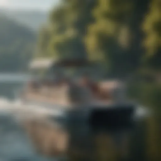 A serene lake scene showcasing a pontoon boat in motion, symbolizing freedom and leisure.