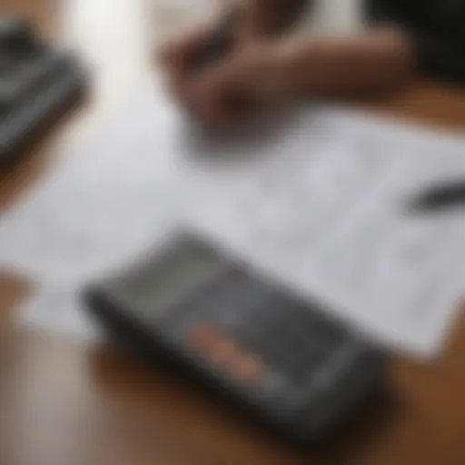 A person reviewing mortgage documents with a calculator and pen