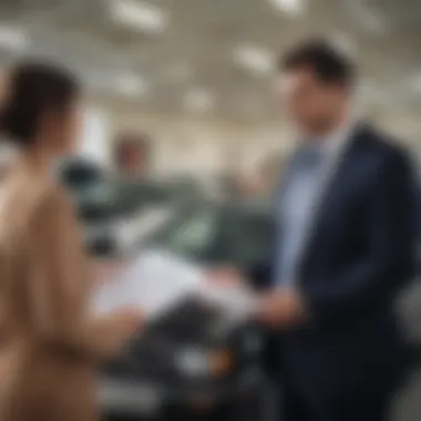 Individual reviewing a Car Fax report while considering a used car purchase