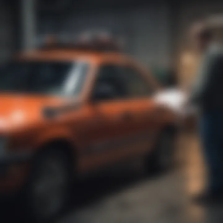 A buyer inspecting a car with a checklist in hand.