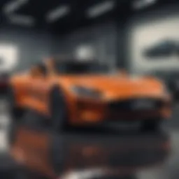 A sleek car parked in a showroom, showcasing its design and features