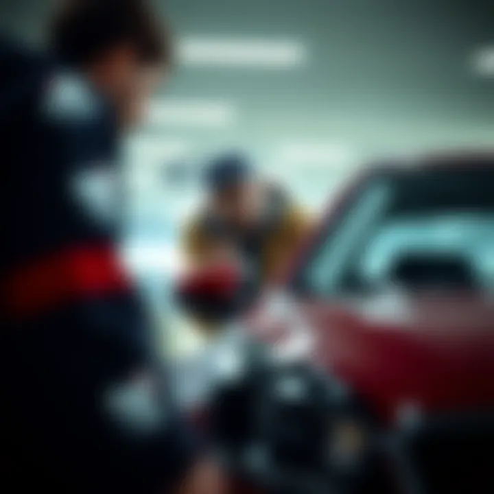 Potential buyer inspecting a used car